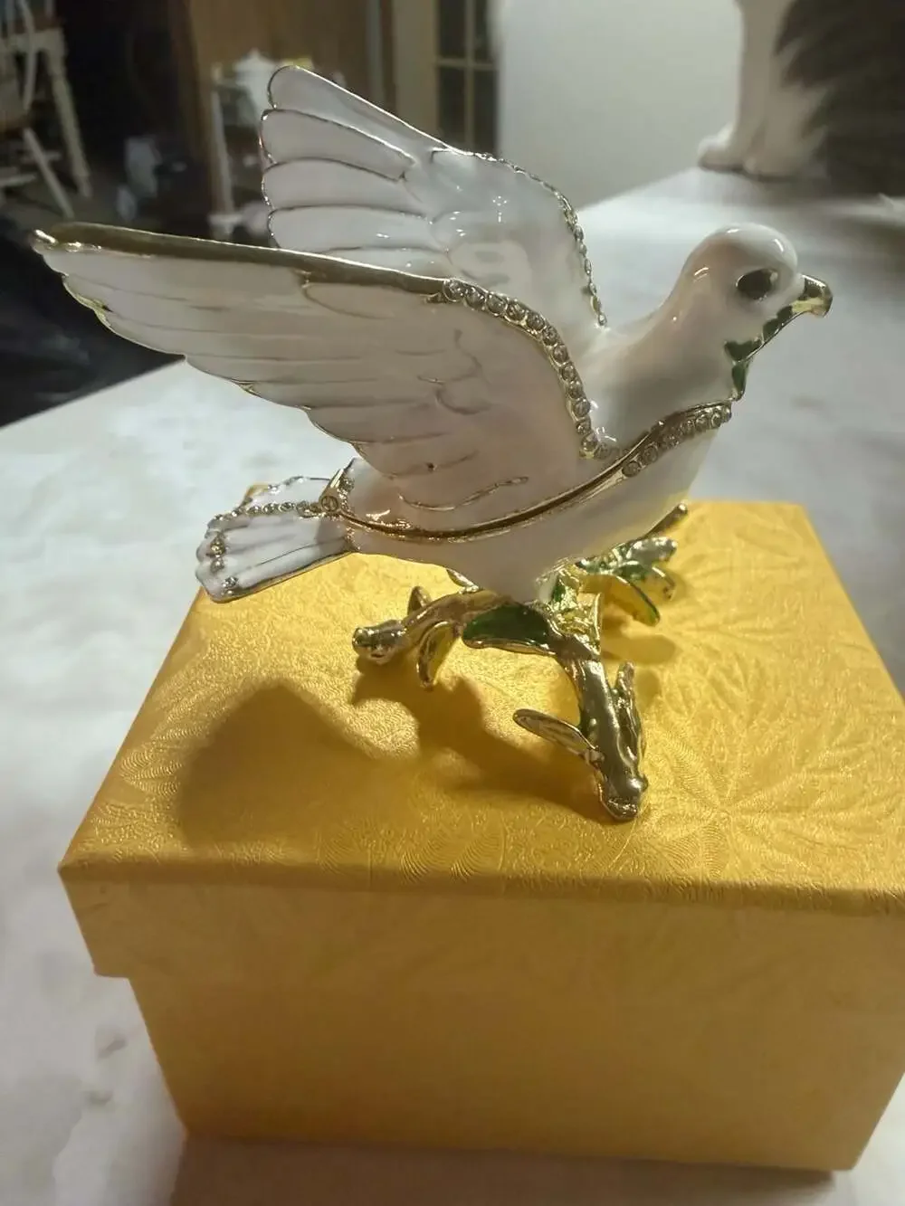 White Enamel and Rhinestone Peace Dove Hinged Trinket Jewelry Box